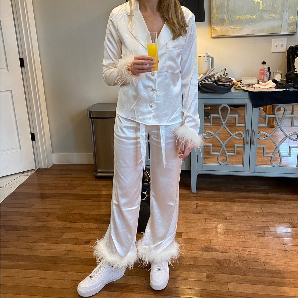 Satin white pajama lounge set with feather trim
